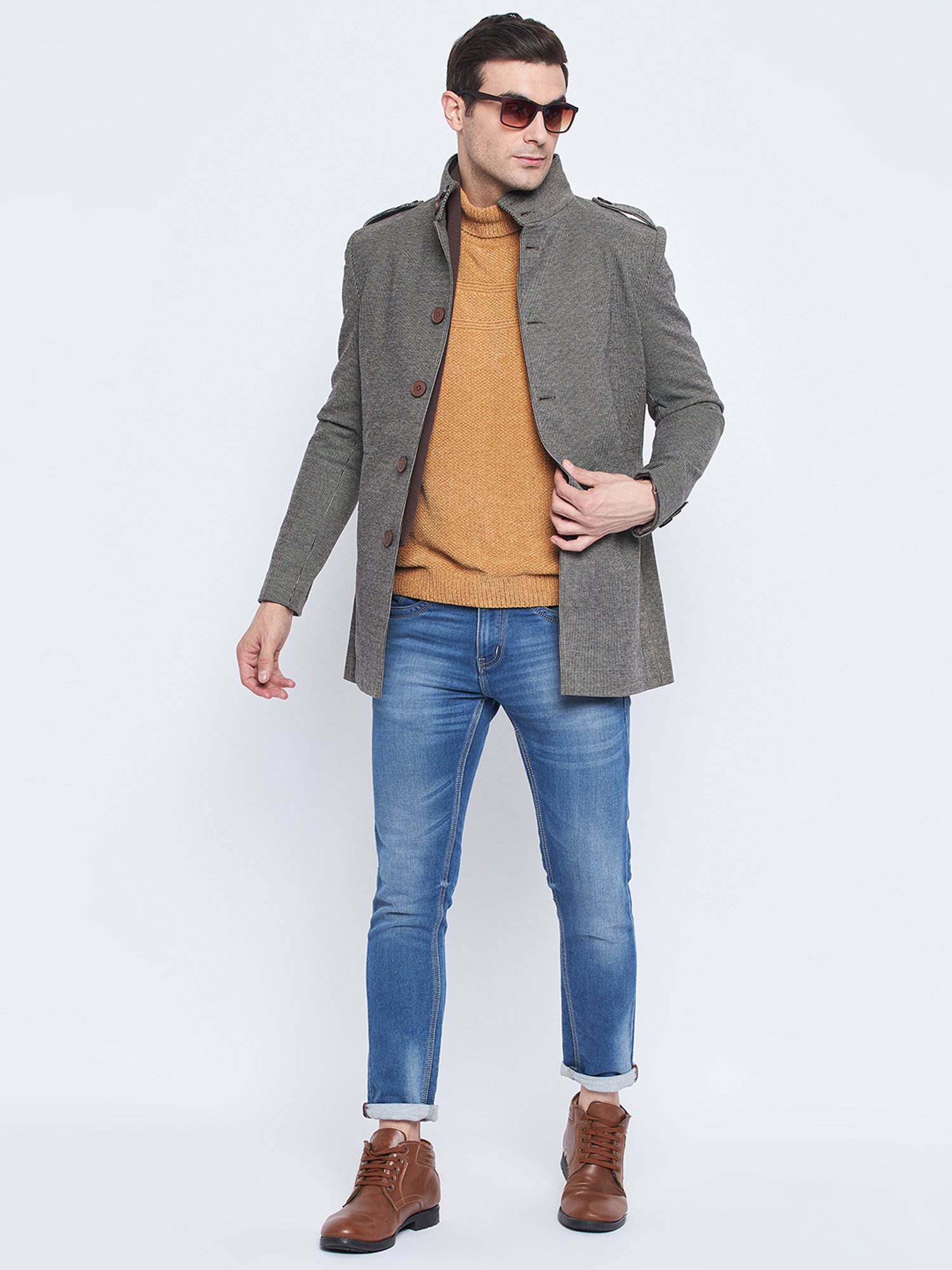 Camla Coffee Brown Regular Fit Mock Collar Textured Overcoat