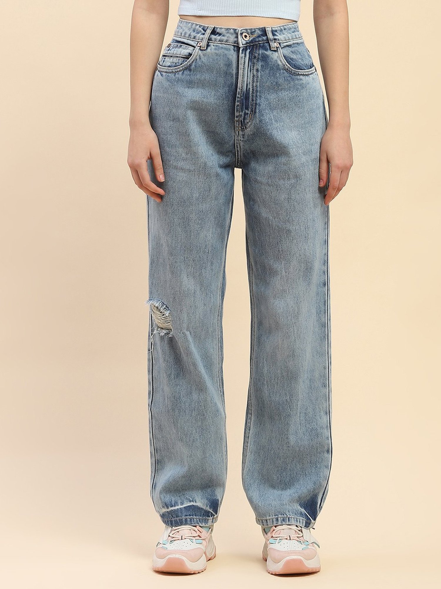 Camla Blue Cotton Distressed Mid Rise Jeans