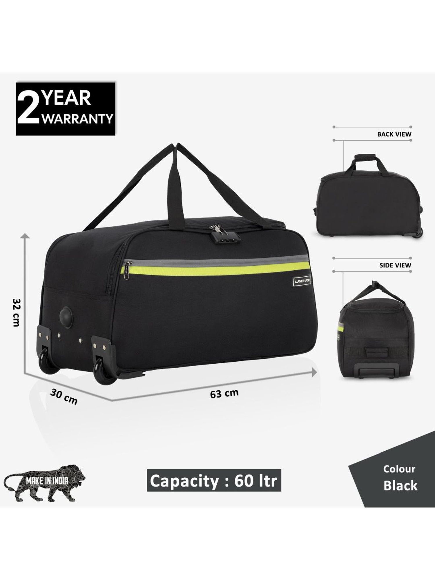 Lavie Sport Large Size 63 cms Victor Combi Anti-theft Wheel Duffle Bag (Black)