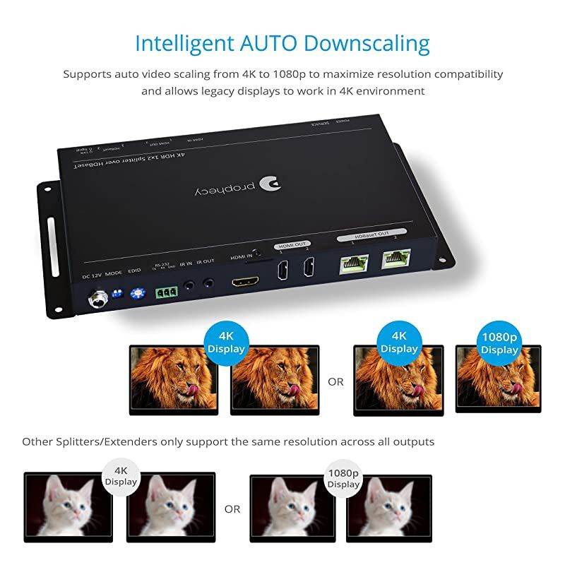 Prohecy 1x2 HDMI 2.0a Extender Splitter HDBaseT 4K 60Hz 4:4:4 HDBaseT Over Cat5e/6/7 with 2 Loopouts & Auto Downscaling, 60m/198ft @1080p, 35m/114ft @UHD, HDR, 18Gbps, PoC, Dual IR, RS-232, 3D