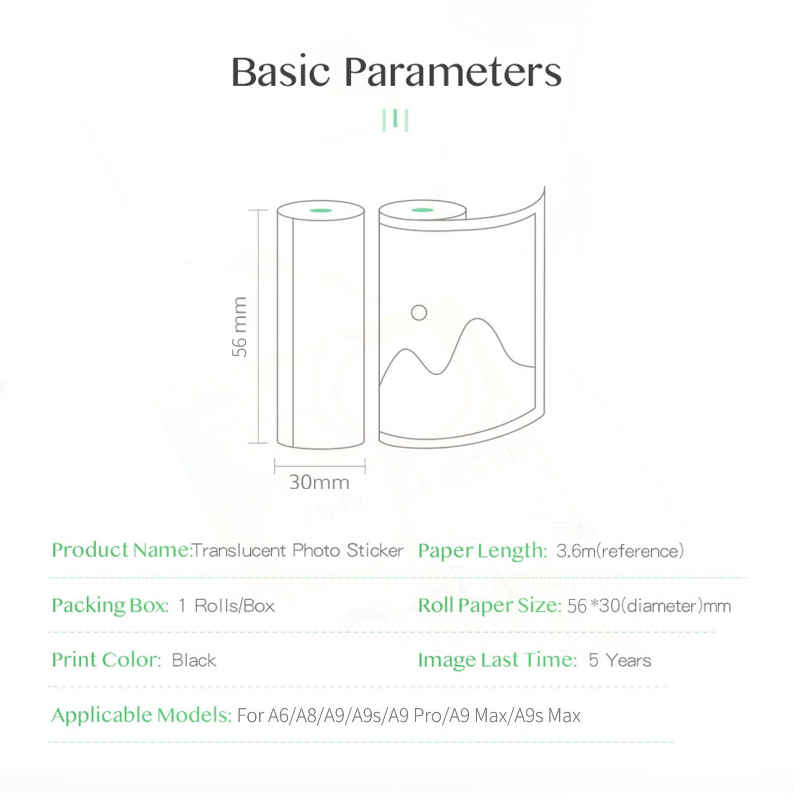 PeriPage 56 x 30mm Translucent Photo Sticker BPA-Free Adhesive Thermal Paper Roll Sticky Paper Waterproof Oil-proof Friction-proof for PeriPage A6/A8/A9/A9s/A9 Pro/A9 Max/A9s Max Mini BT Pocket