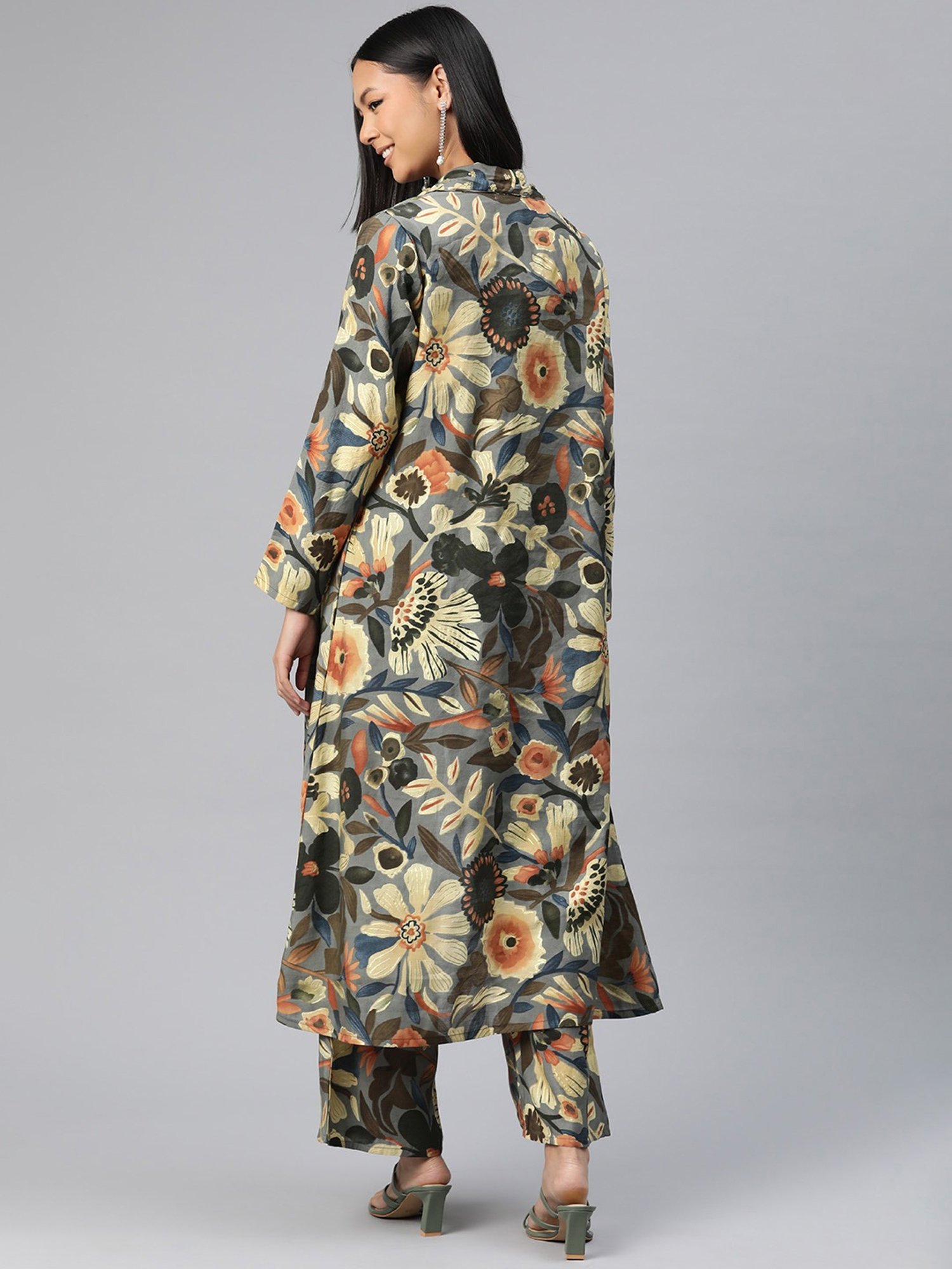 READIPRINT FASHIONS Grey Floral Print Crop Top Palazzo Set With Jacket