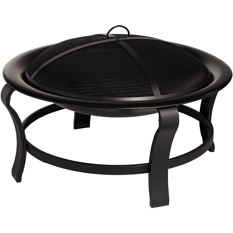 John Timberland Black Iron Outdoor Fire Pit Round 30" Steel Wood Burning with Spark Screen and Fire Poker for Outside Backyard Patio Camping