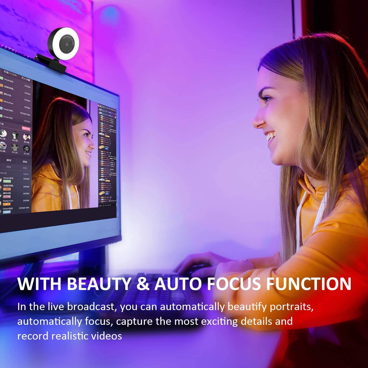 PTN HD Webcam 1080P with Adjustable Brightness Ring Light, USB PC Video Cam with Built-in Microphone, Advanced Autofocus Web Camera with Dual Microphone for Mac Windows Laptop Xbox Skype OBS