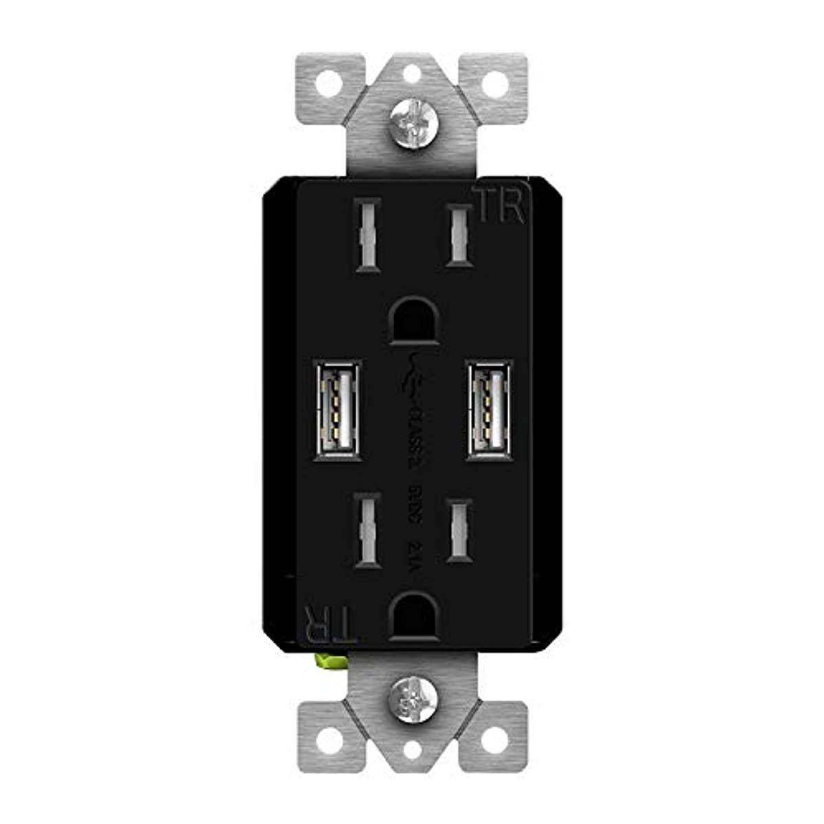 TOPGREENER 2.1A USB Wall Outlet Charger, 15A Tamper-Resistant Receptacles, Compatible with Smart Watches, Digital Cameras, GPS, MP3 Players & Small Devices, UL Listed, TU2152A-BK, Black