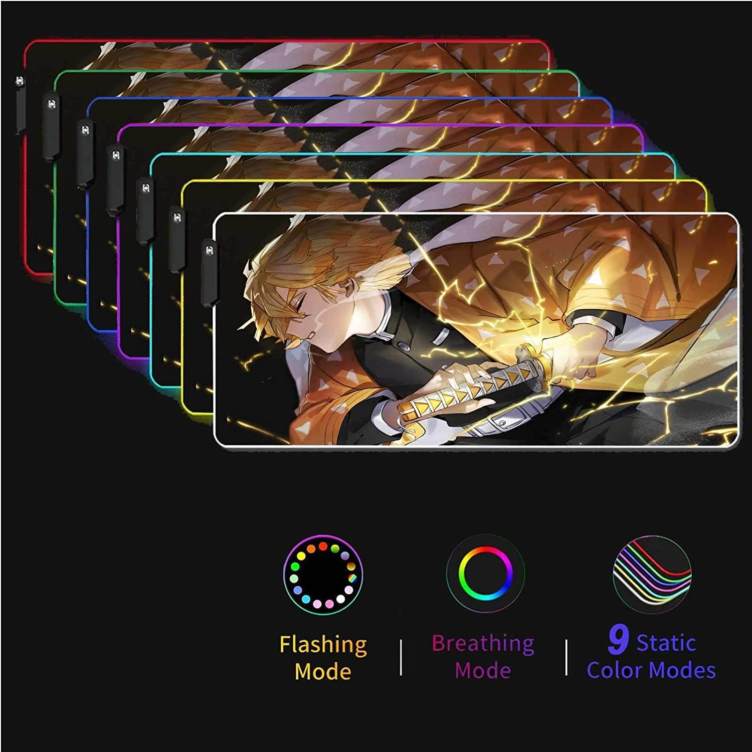 RGB Large Gaming Mouse Mat Anime Demon Slayer Zenitsu Agatsuma Kimetsu No Yaiba,Laptop Desk Pad,Mousepad with Stitched Edge & Non-Slip Rubber Base,Computer Keyboard and Mice Pads Mouse Mat 31.5X11.8