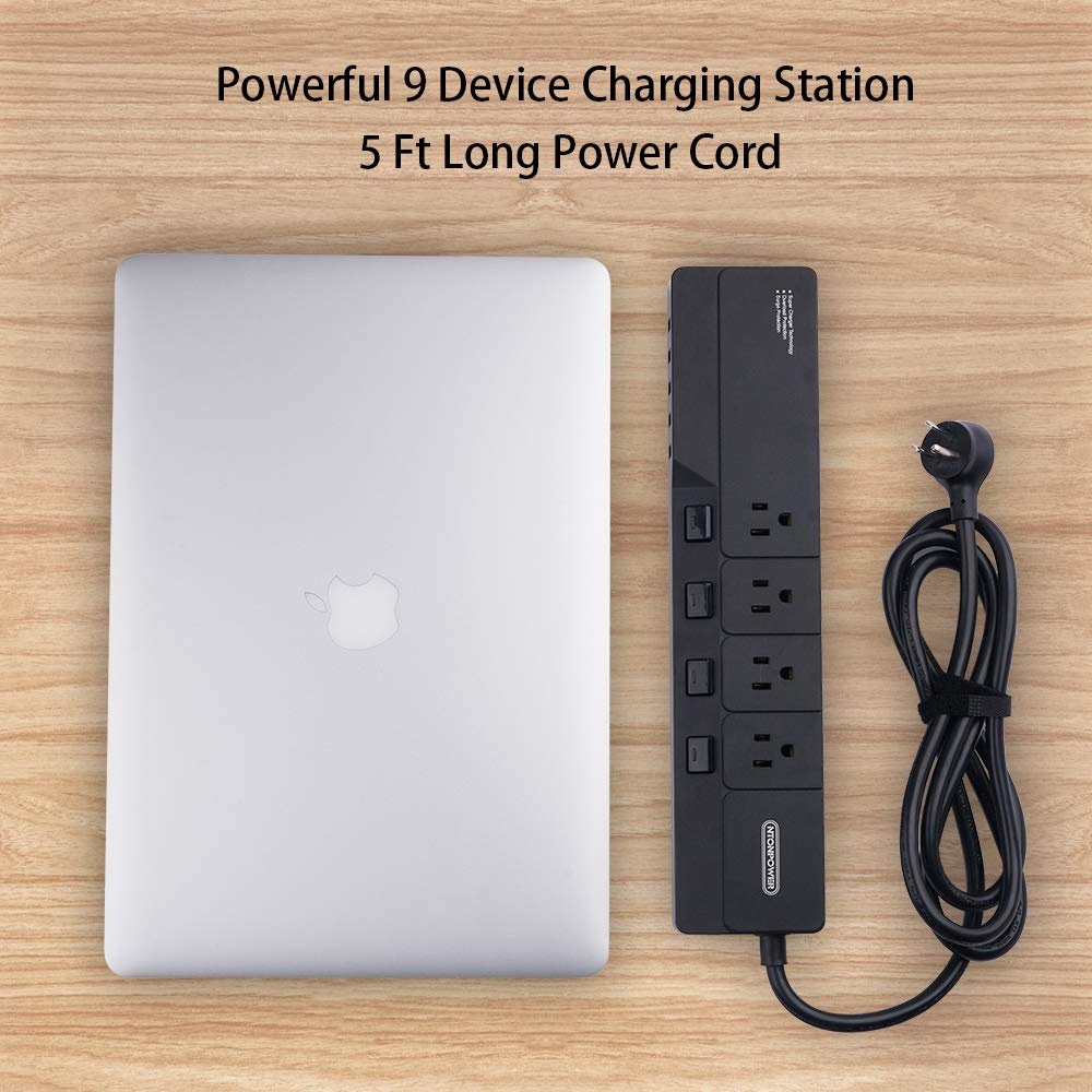 Surge Protector Power Strip with USB, NTONPOWER 4 Outlets 5 USB Desktop Charging Station, Individual Switch Controlled, Flat Plug, Circuit Breaker, 5ft Heavey Duty Extension Cord - Black