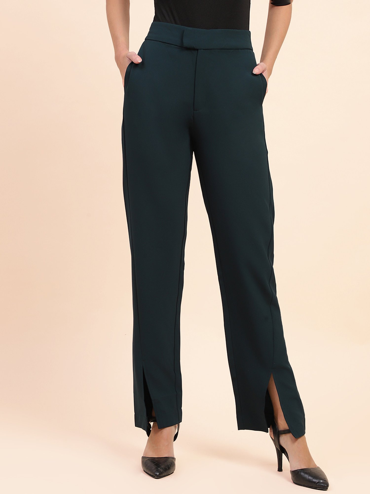 Camla Teal Straight Fit Mid Rise Trousers