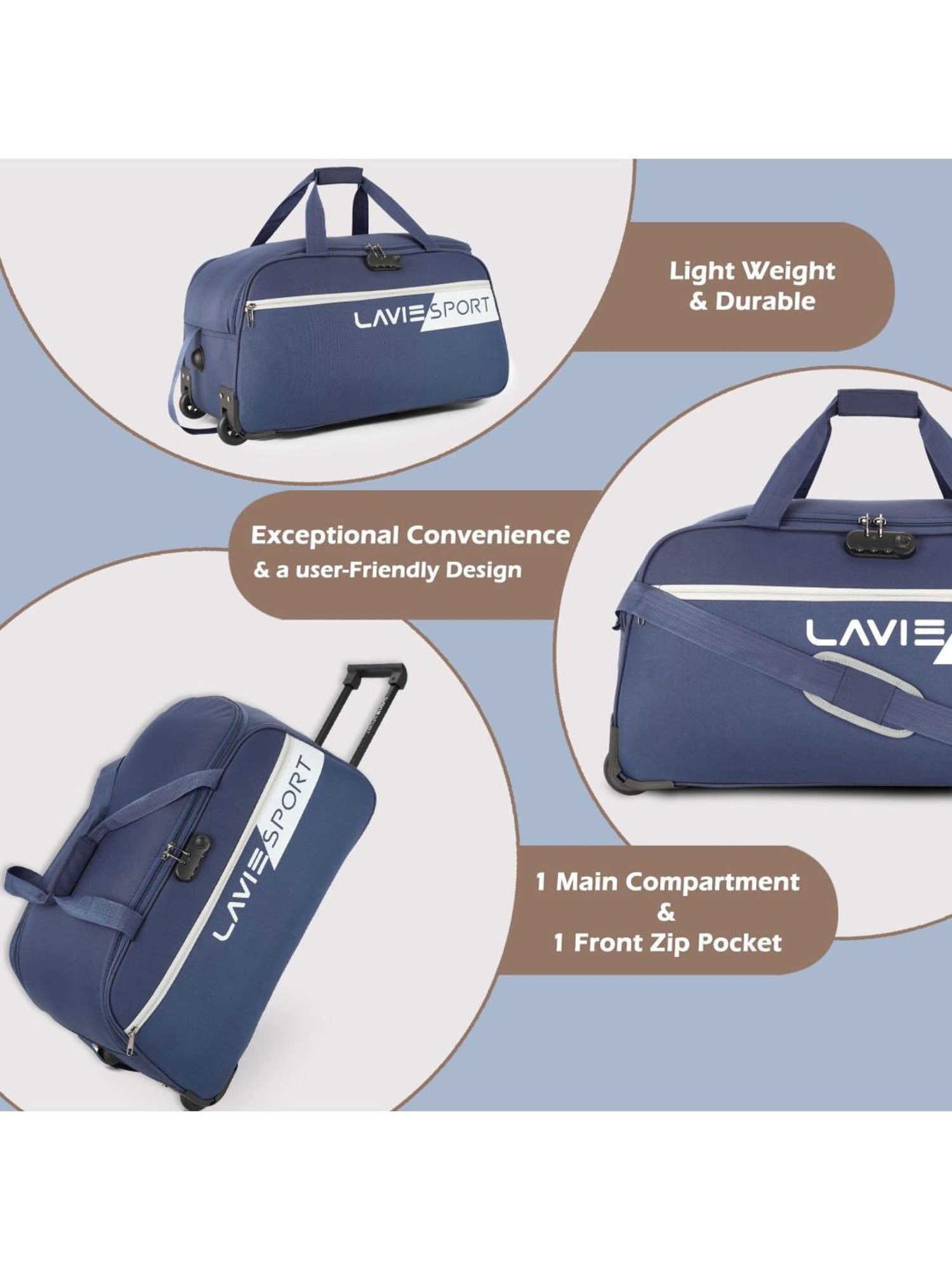 Lavie Sport 53 cms Camelot Wheel Duffle Bag With Combi Lock | Trolley Bag (Navy)