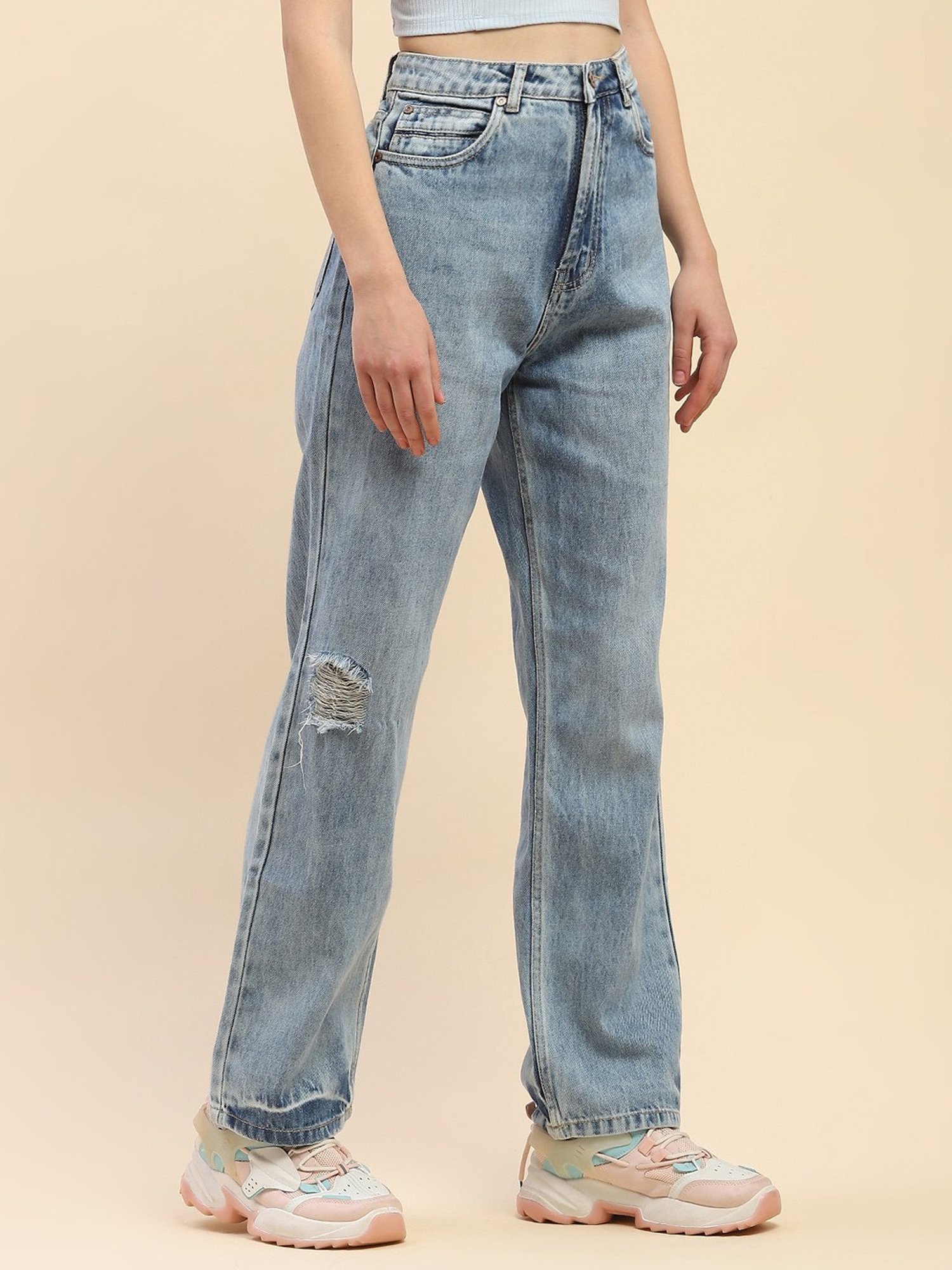Camla Blue Cotton Distressed Mid Rise Jeans