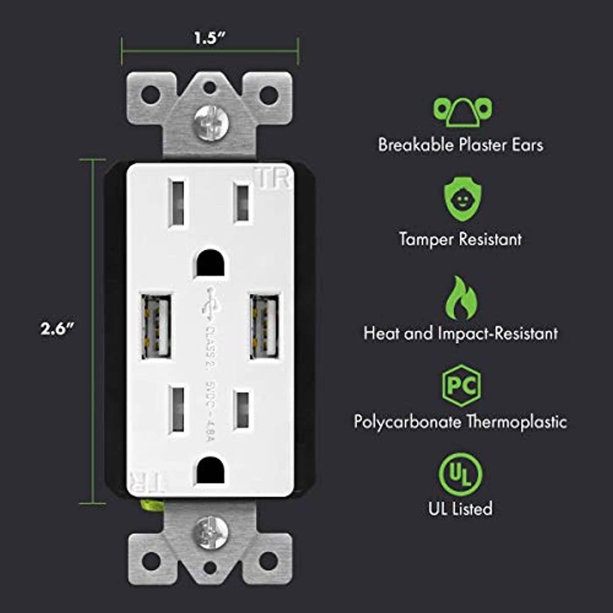 TOPGREENER 4.8A High Speed USB Wall Outlet, 15A Tamper-Resistant Receptacles, Compatible with iPhone XS/MAX/XR/X, Samsung Galaxy S9/S8, LG, HTC & Other Smartphones, UL Listed, TU21548A, 2 Pack, White
