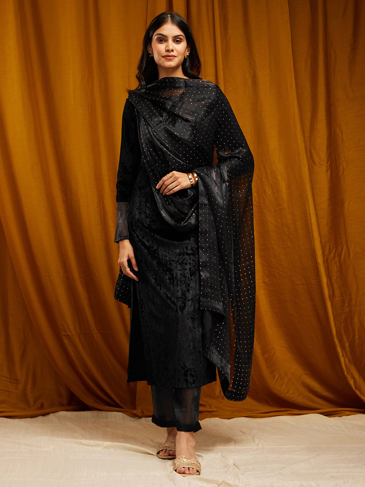 Pink Fort Black Embellished Organza Dupatta