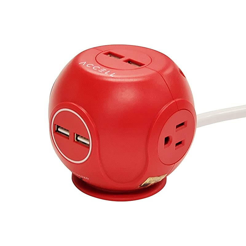 Power Cutie Compact Surge Protector with 3 Tamper Resistant 540J Surge Protected AC outlets and 4 USBA Charging Ports 6ft Cord Red