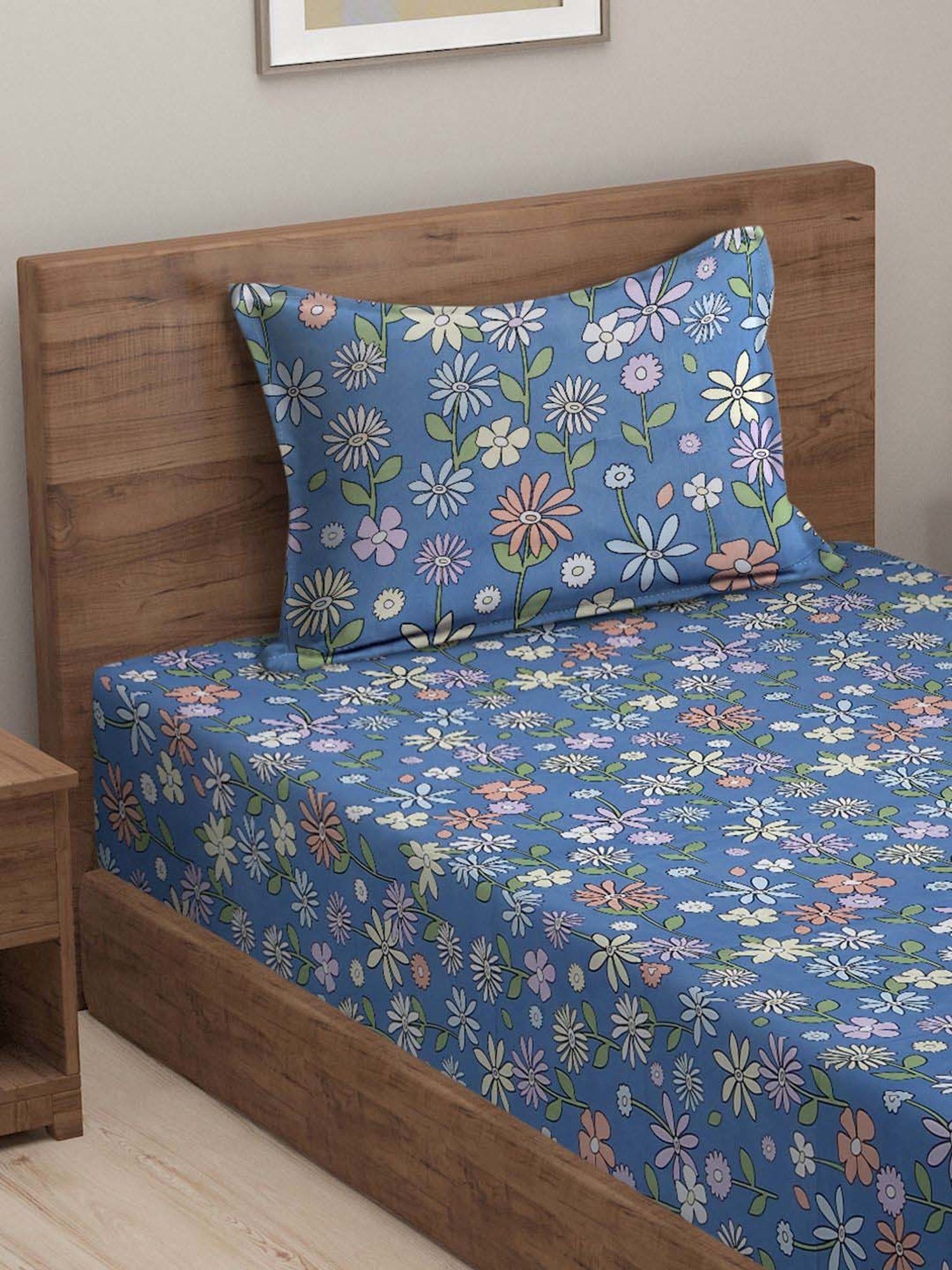 HOSTA HOMES Blue Cotton 280 TC Single Bedsheet with 1 Pillow cover