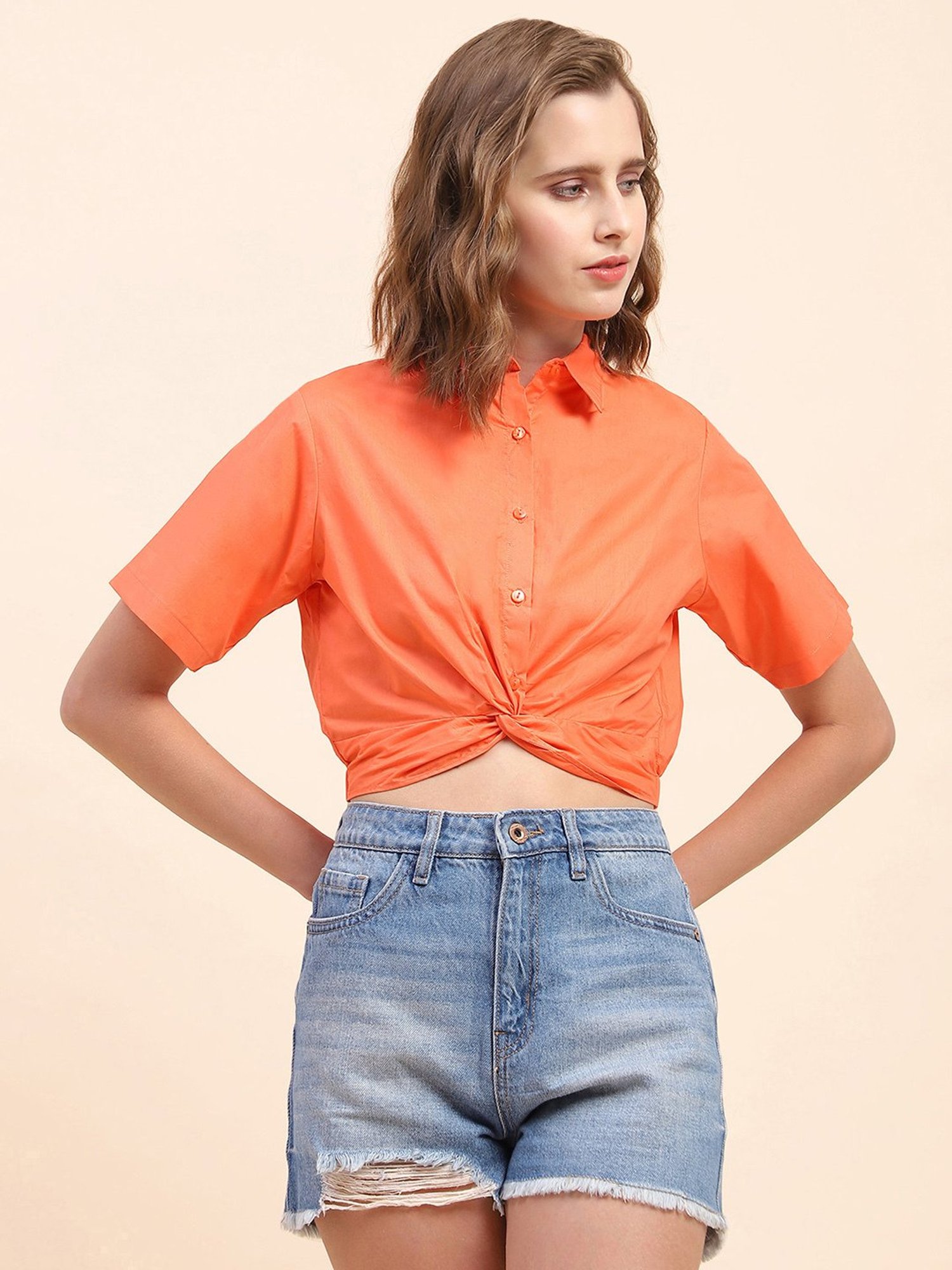 Camla Orange Regular Fit Crop Shirt
