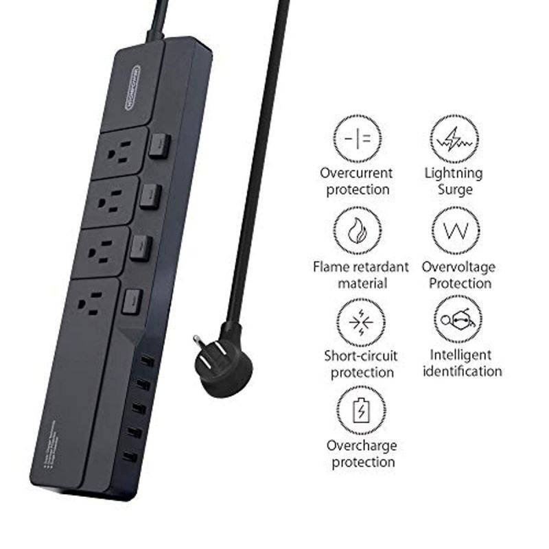 Surge Protector Power Strip with USB, NTONPOWER 4 Outlets 5 USB Desktop Charging Station, Individual Switch Controlled, Flat Plug, Circuit Breaker, 5ft Heavey Duty Extension Cord - Black