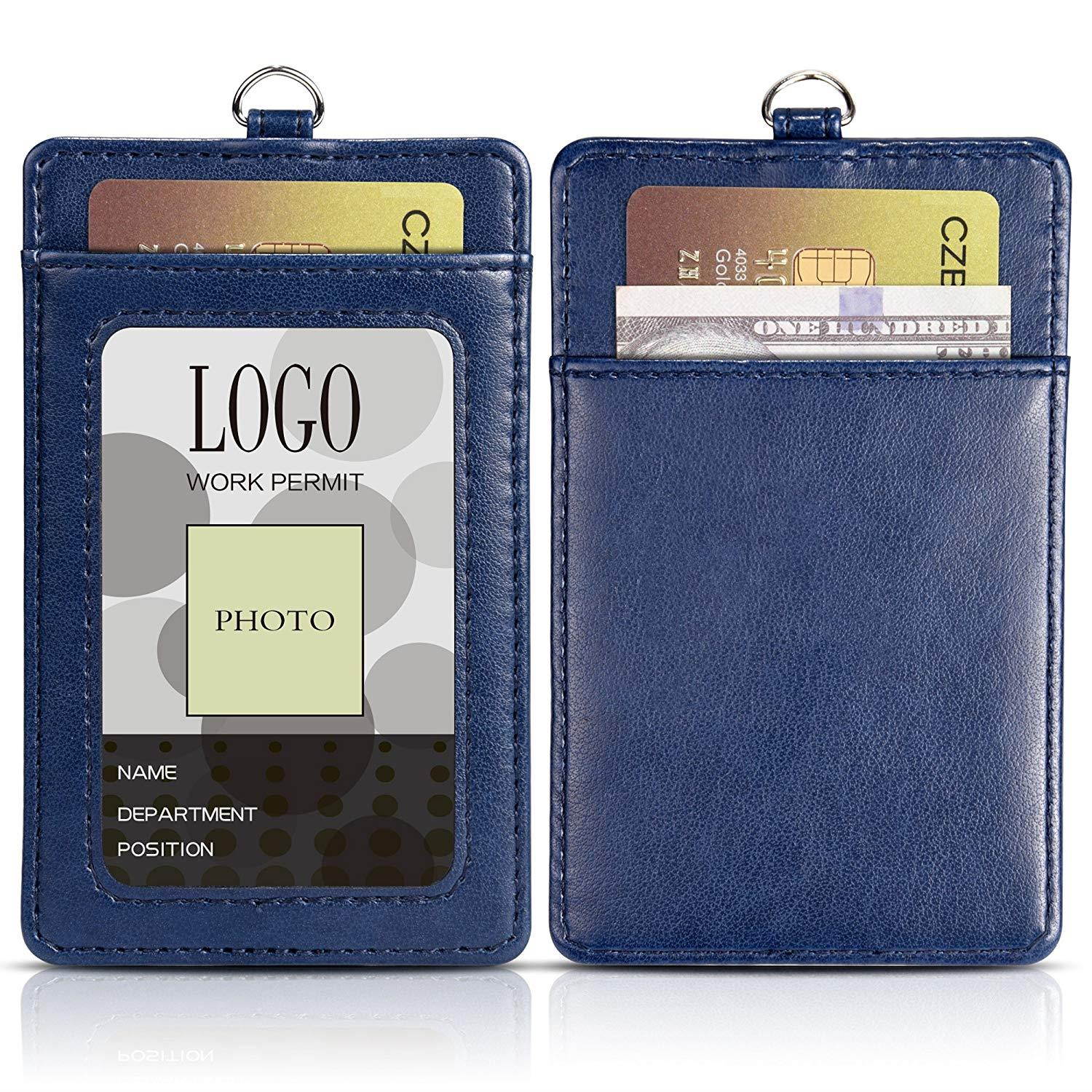 Badge Holder, Arae PU Leather Vertical ID Badge Card Holder with Detachable Lanyard/Strap - Blue