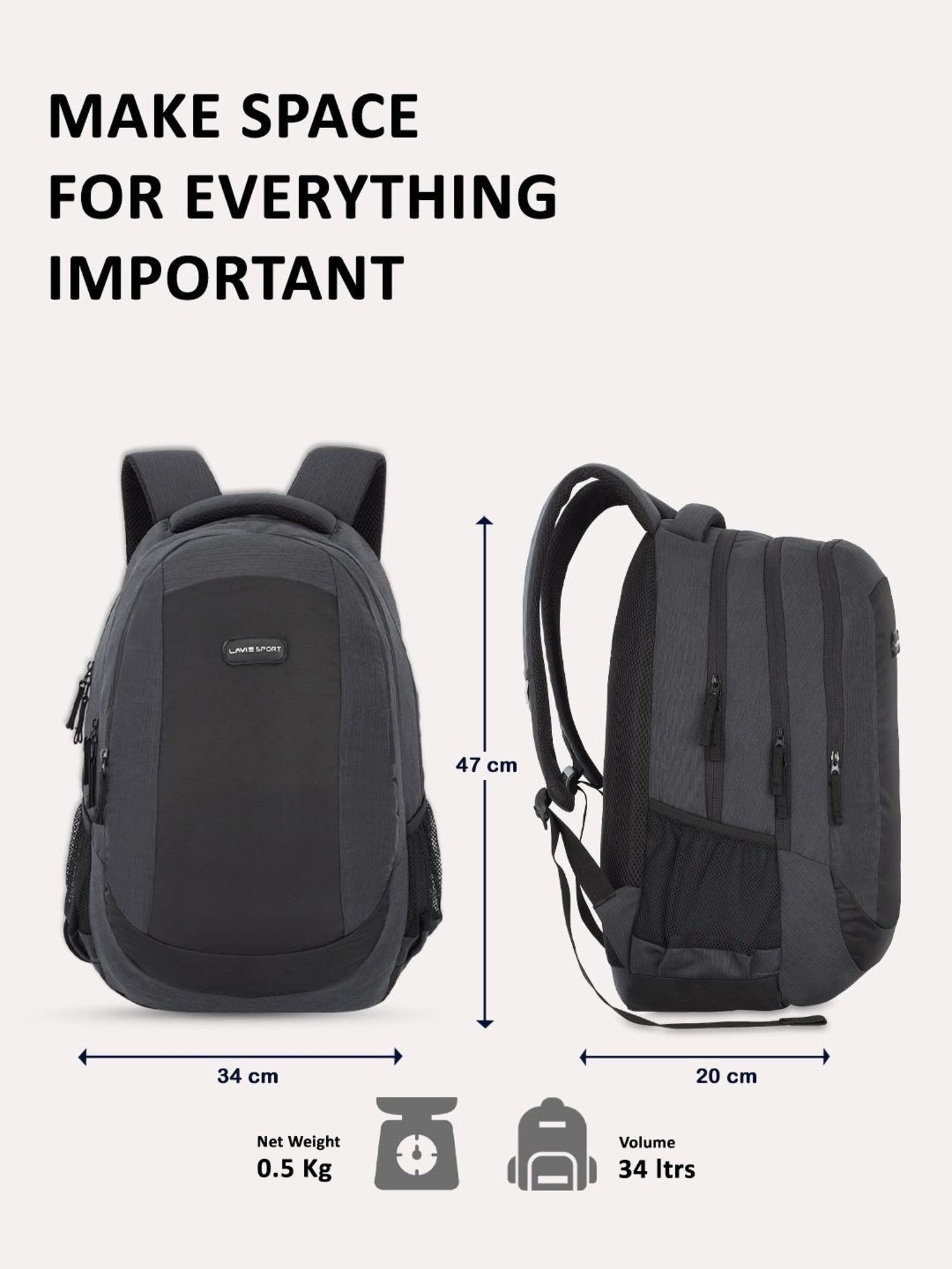 Lavie Sport Pinnacle 34L Laptop Backpack For Men & Women | College Bag For Boys & Girls (Black)