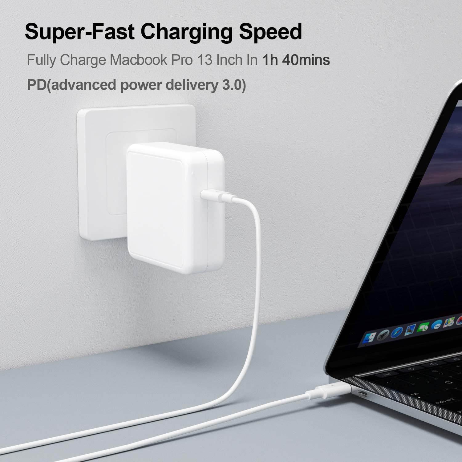 Mac Book Pro Charger USB C Power Adapter 61W, PD Mac Book Air Charger, Compatible 61W, 45W, 36W, 27W,12W for Mac Book Pro/Air, i-Pad Pro 12.9'', 11'',Switch, More Type C Devices,6.6ft USB C Cable