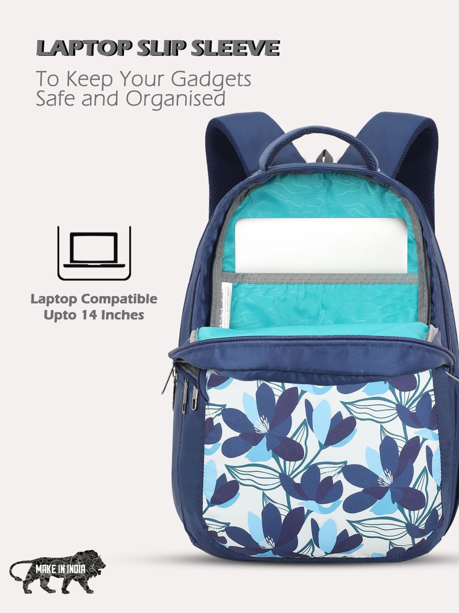 Lavie Sport Carolina Navy Polyester Printed Laptop Backpack - 26 Ltrs