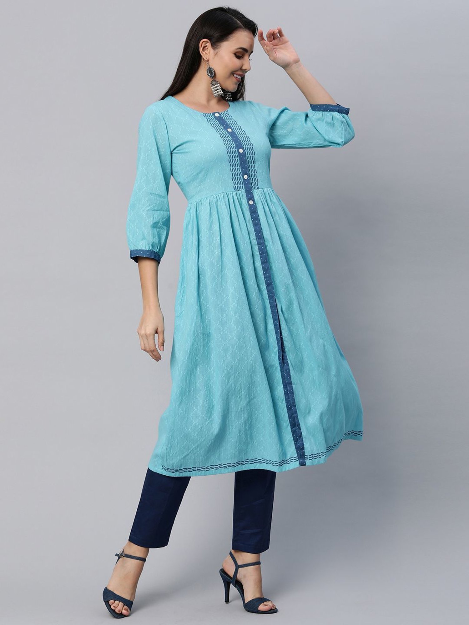 Kami Kubi Blue Cotton Woven Pattern A Line Kurta