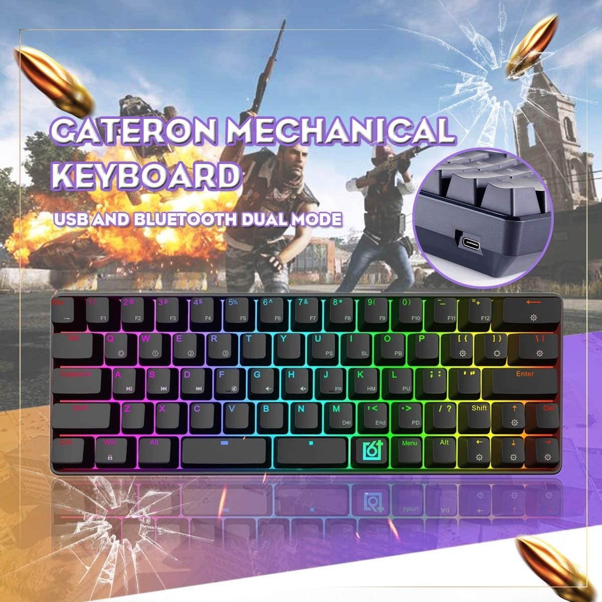 WYL Switch Mechanical Keyboard Gk66 Bluetooth Type-c Dual Mode Split-spacebar Hot-swappable RGB Mechanical Gaming Keyboard (Axis Body : Brown Switch)