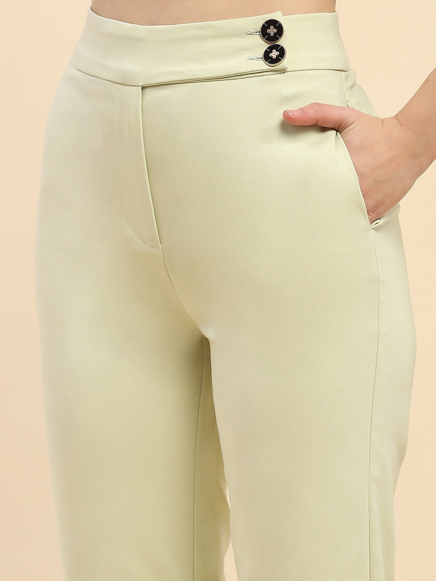 Camla Green Cotton Straight Fit Mid Rise Trousers