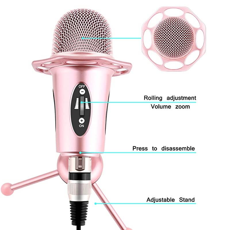 Professional Condenser Microphone  Plug Play Microphone with Tripod for PC Computer Phone for Games Podcast Broadcasting Rose Gold
