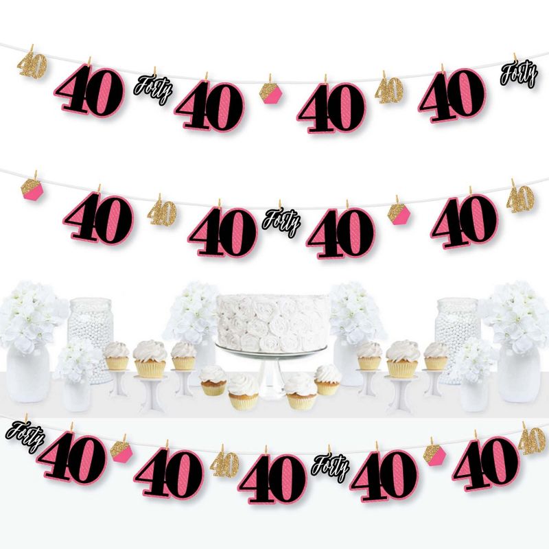Big Dot of Happiness Chic 40th Birthday - Pink, Black and Gold - Birthday Party DIY Decorations - Clothespin Garland Banner - 44 Pieces