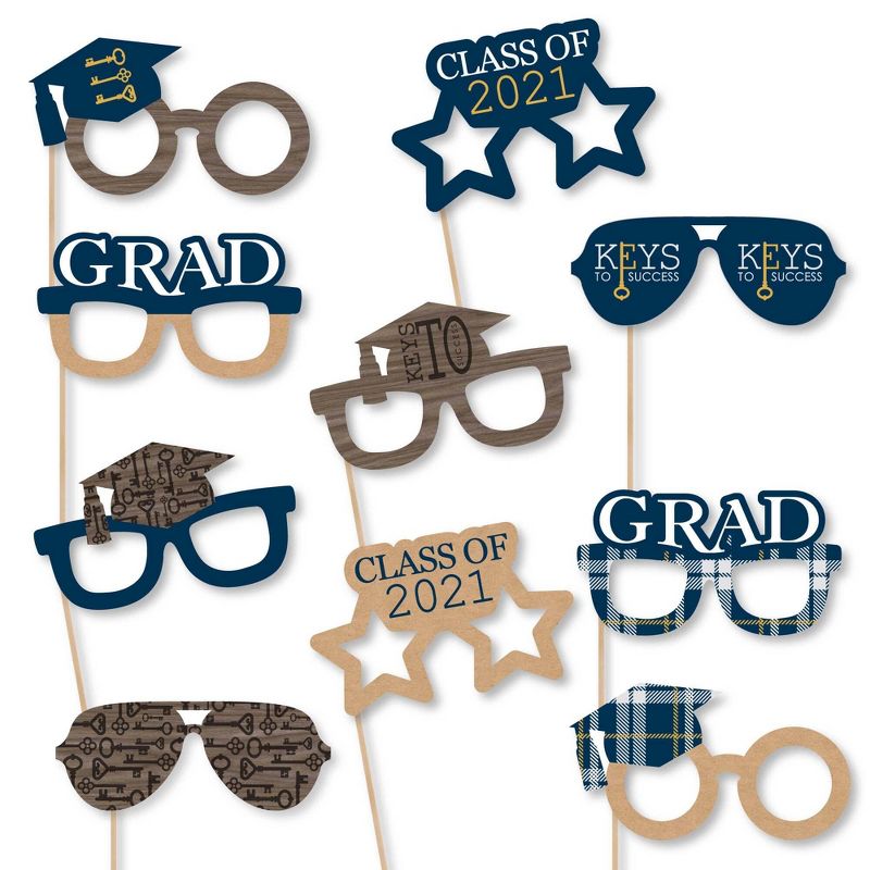 Big Dot of Happiness Grad Keys to Success Glasses - 2021 Paper Card Stock Graduation Party Photo Booth Props Kit - 10 Count
