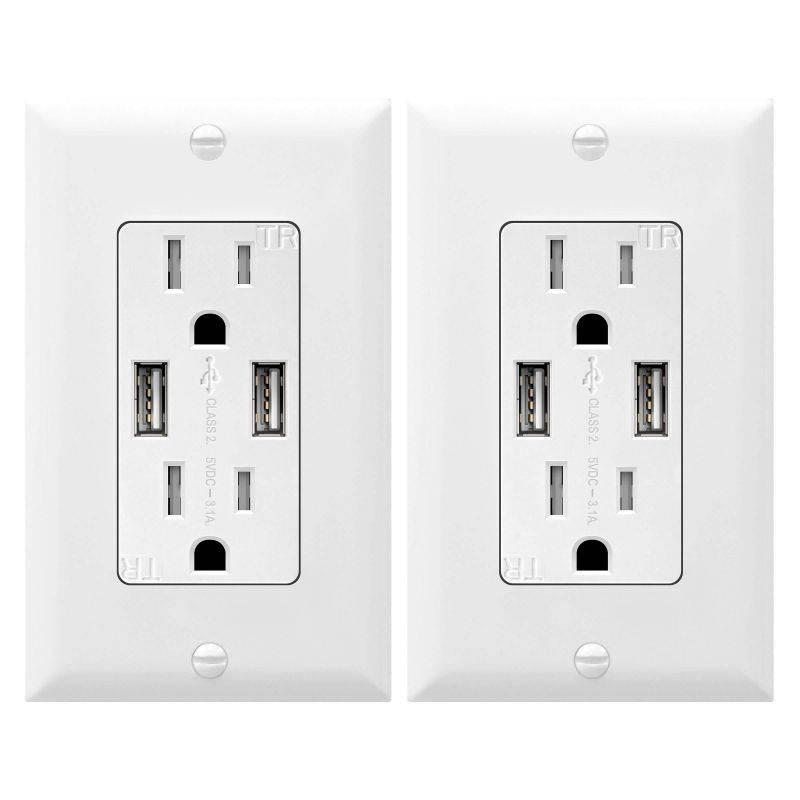 TOPGREENER 3.1A USB Outlet, USB Wall Outlet, 15A TR Receptacle, for iPhone XS/MAX/XR/X/8/7/6s/Plus, iPad, LG, HTC and more, Compatible Samsung Galaxy S9/S8/S7/S6, Note9/8/7 and more, 2-Pack, White