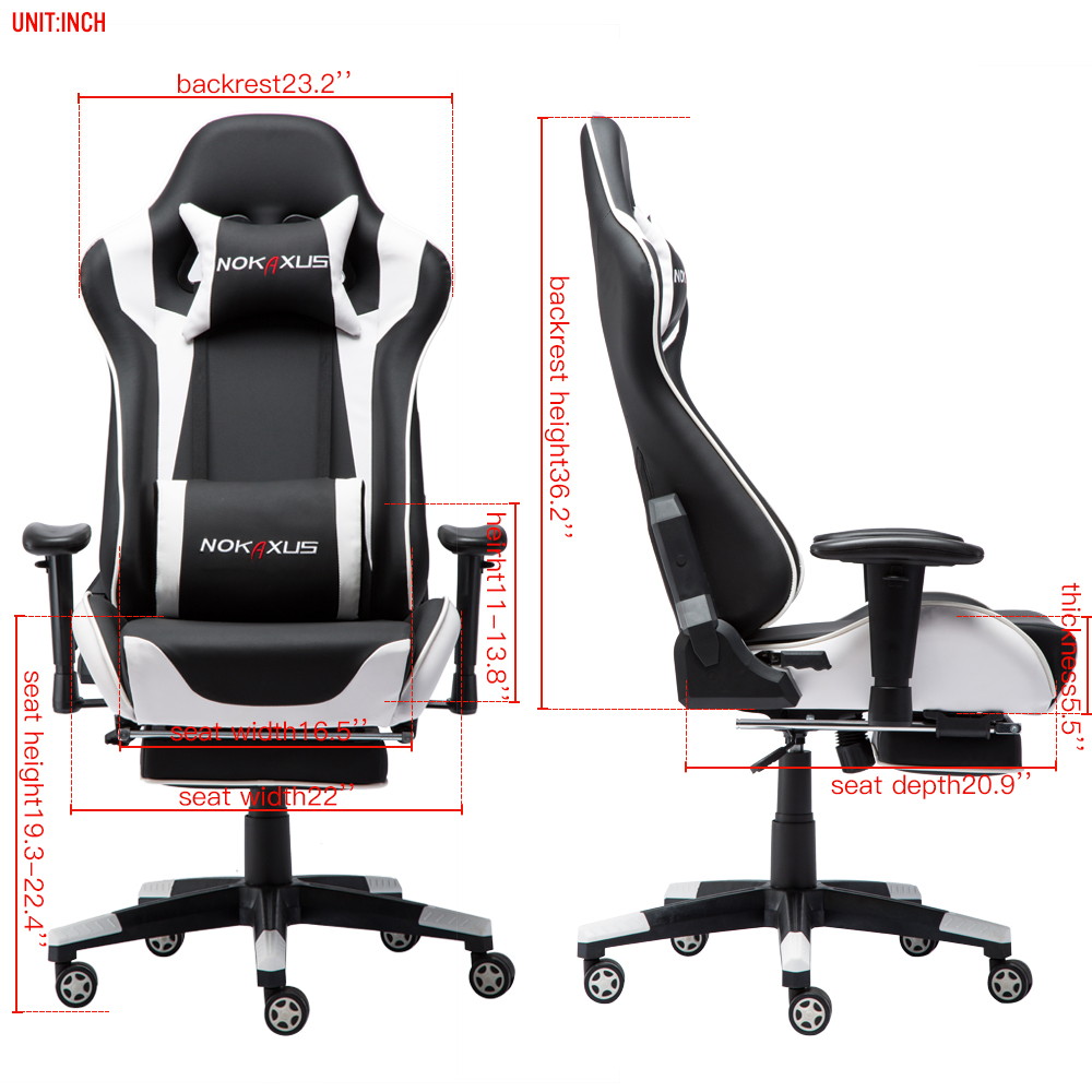 Nokaxus Gaming Chair Large Size High-Back Ergonomic Racing Seat with Massager Lumbar Support and Retractible Footrest PU Leather 90-180 Degree Adjustment of backrest Thickening sponges