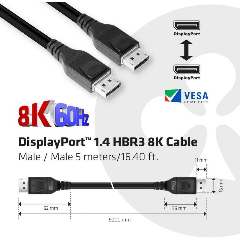 Club 3D DisplayPort 1.4 HBR3 8K Cable Male/Male 5M / 16.40ft. - 16.40 ft DisplayPort Video Cable for Monitor, PC, Notebook