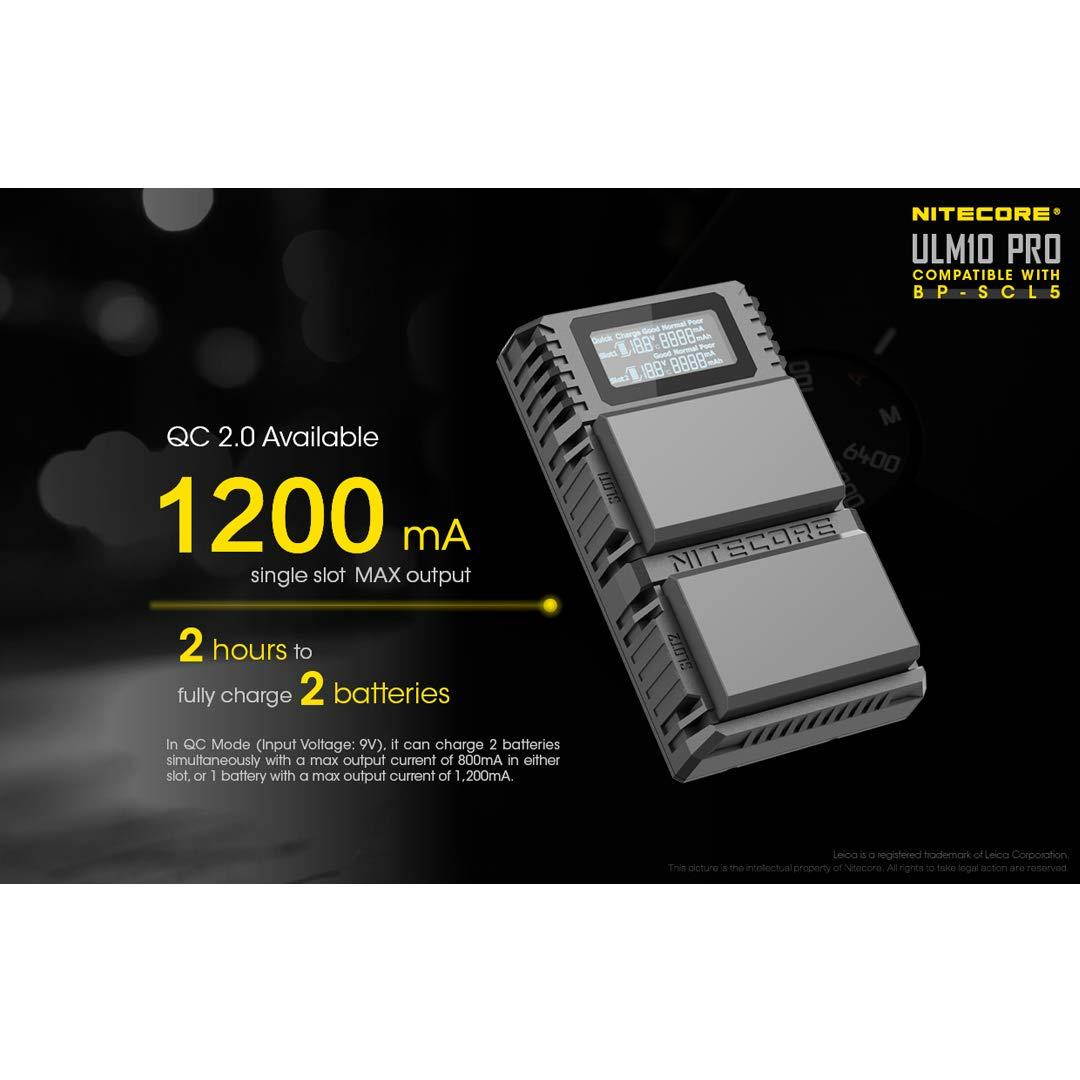NITECORE ULM10 Pro Digital QuickCharge 2.0 USB Battery Charger Compatible with Leica BP-SCL5 Batteries & LumenTac QC3.0 Charging Adapter