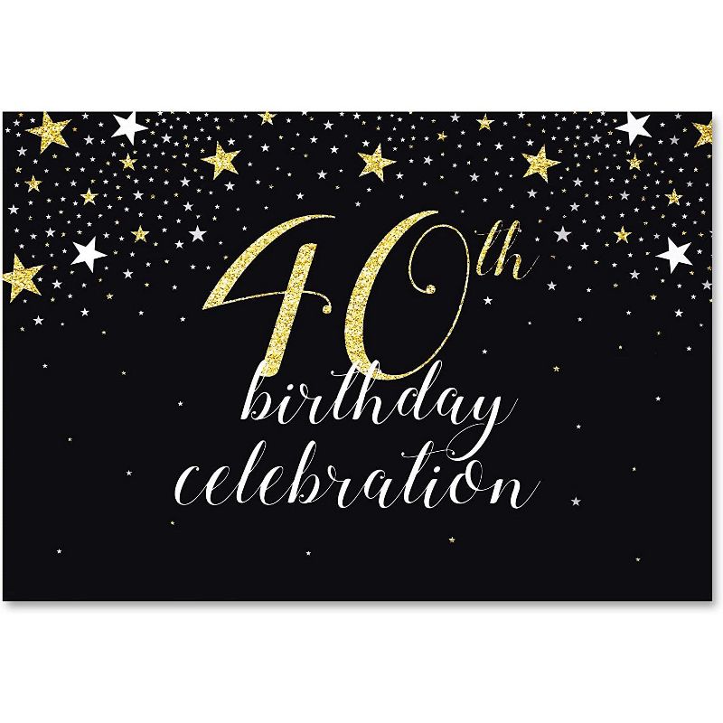 40th Birthday Celebration Photo Booth Backdrop, Photography Background in Black and Glitter Gold Stars for Birthday Party Decorations, 7 x 5 feet
