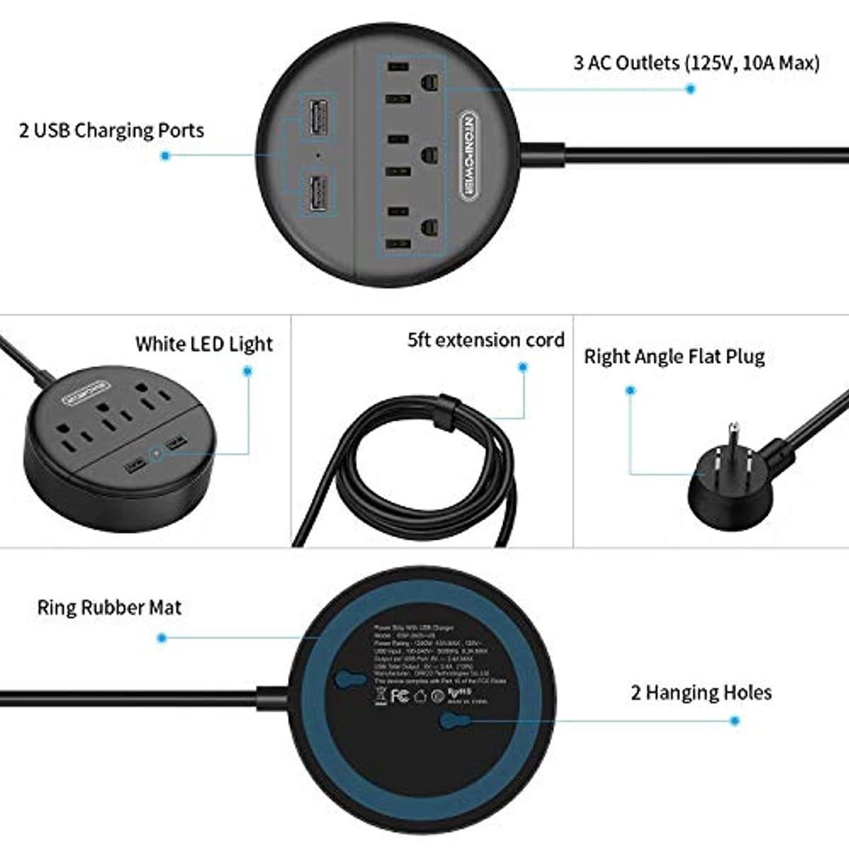 NTONPOWER Power Strip with USB Bundle, 3 Outlets and 4 Outlets 2 USB Compact Power Strip with 5 ft Extension Cord, Right Angle Flat Plug, Wall Mount for Office, Home, Nightstand, Dorm, Black