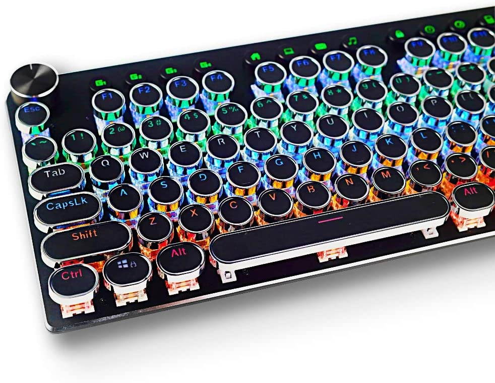 MK13 RGB Mechanical Keyboard Retro Gaming Keyboard-Blue Switches-LED Backlit -Silver-Plating-2 Knob and 12 Multimedia Buttons-104 Round Key Illuminated Keyboard for PC Gaming and MAC (MK13 Black)