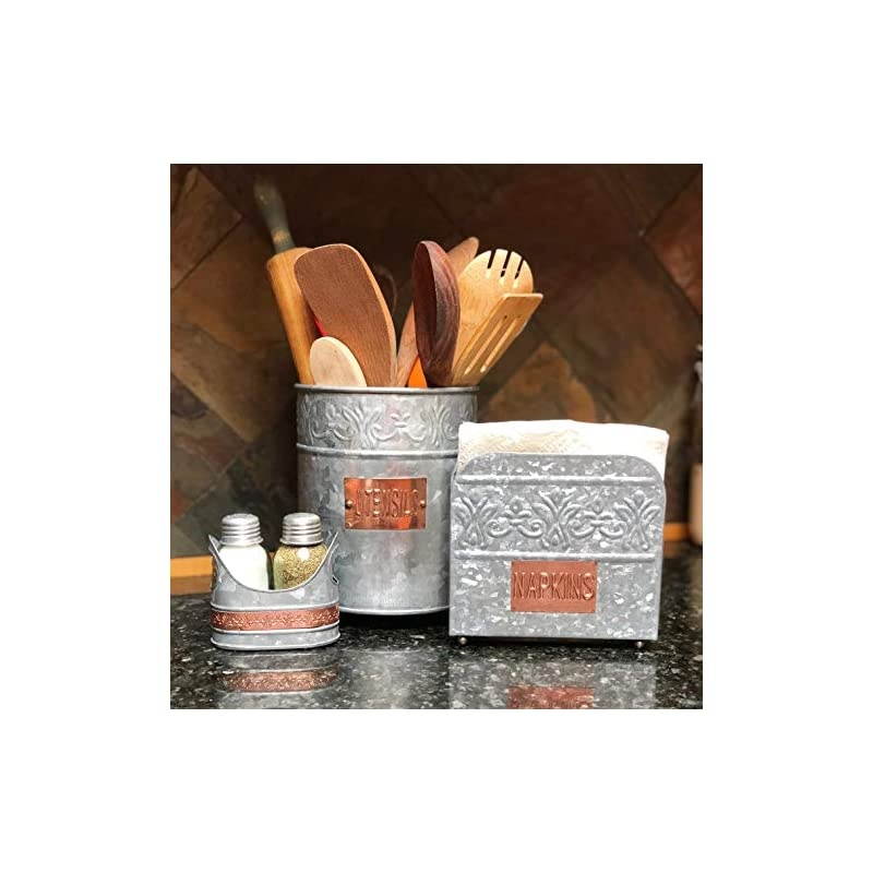 Galvanized Iron Napkin Holder - Rustic Farmhouse Style for Kitchen or Dining – Upright Napkin Holder – Pretty Embossing And Copper Label Add Farmhouse Warmth