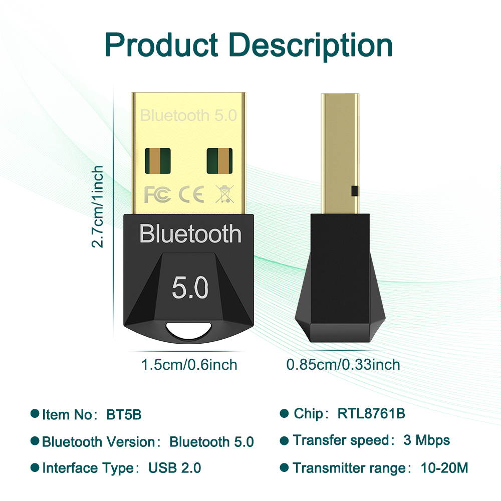 LEAVAN Wireless USB Bluetooth Adapter, 5.0 Transmission,RTL8761B Chip, Suitable for Wired Speakers/Headphones/Home Music Streaming Stereo Receiver Transmitter, Support Windows Vista/7/8/8.1/10