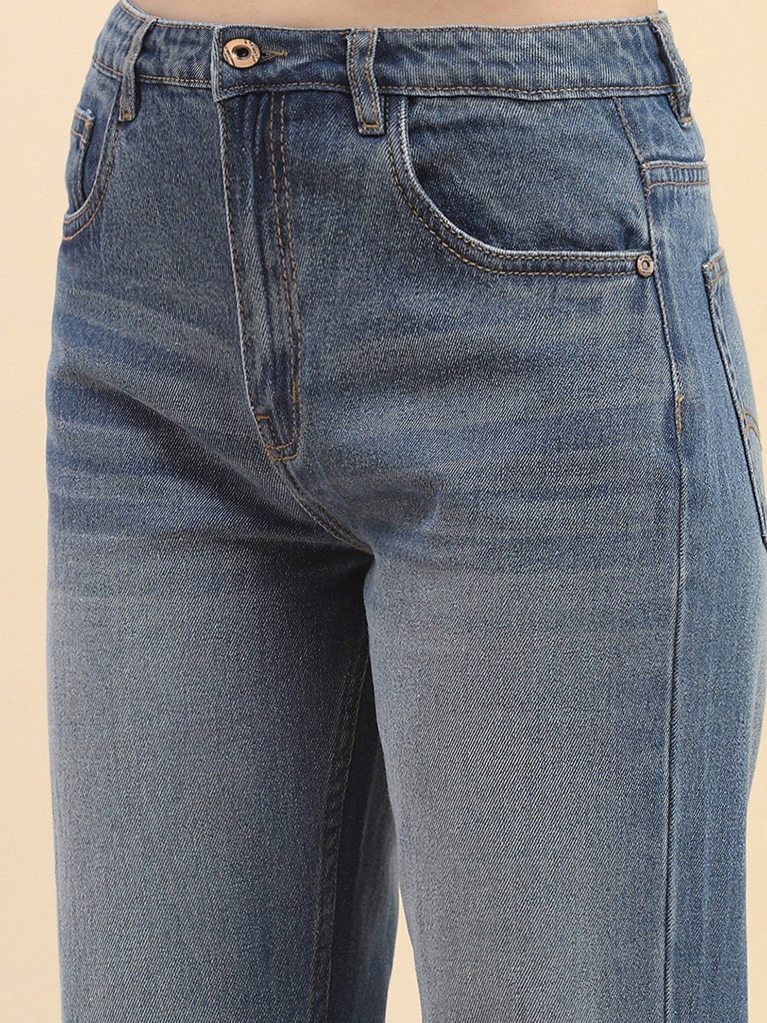 Camla Blue Cotton Straight Fit Mid Rise Jeans