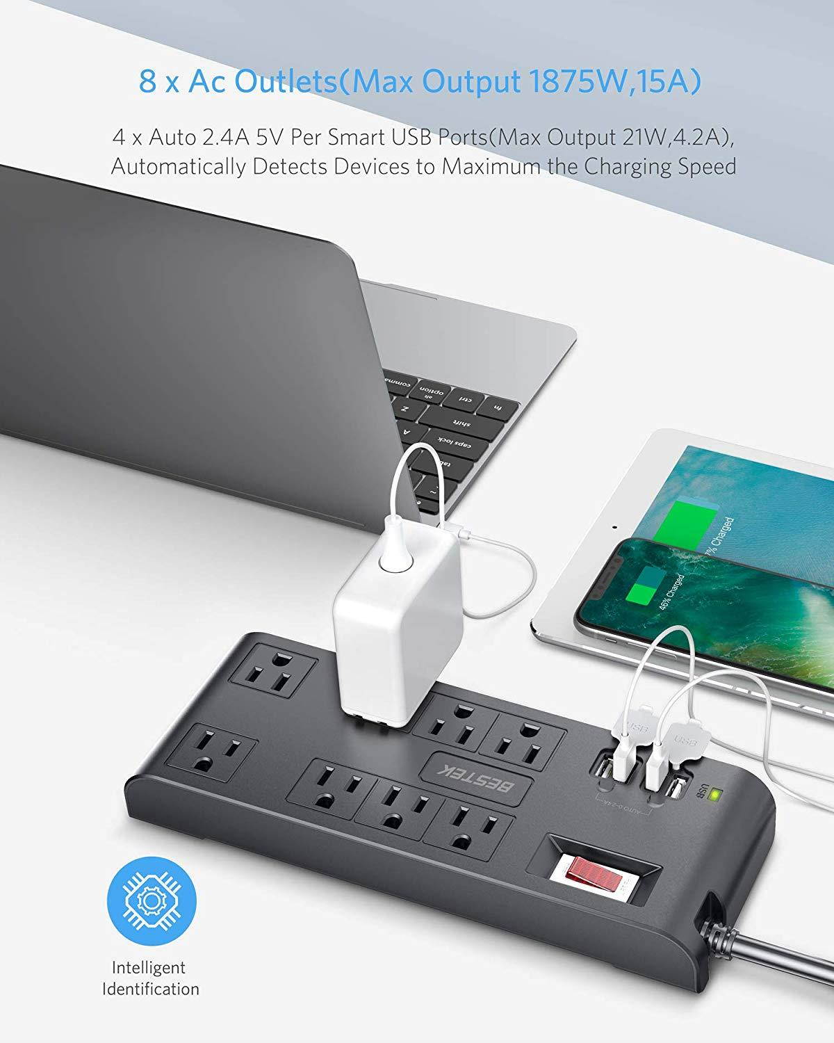 BESTEK 8-Outlet Surge Protector Power Strip 12 Feet Heavy Duty Extension Power Cords, 4.2A 4-Port USB Charging Station, 600 Joules, FCC ETL Listed