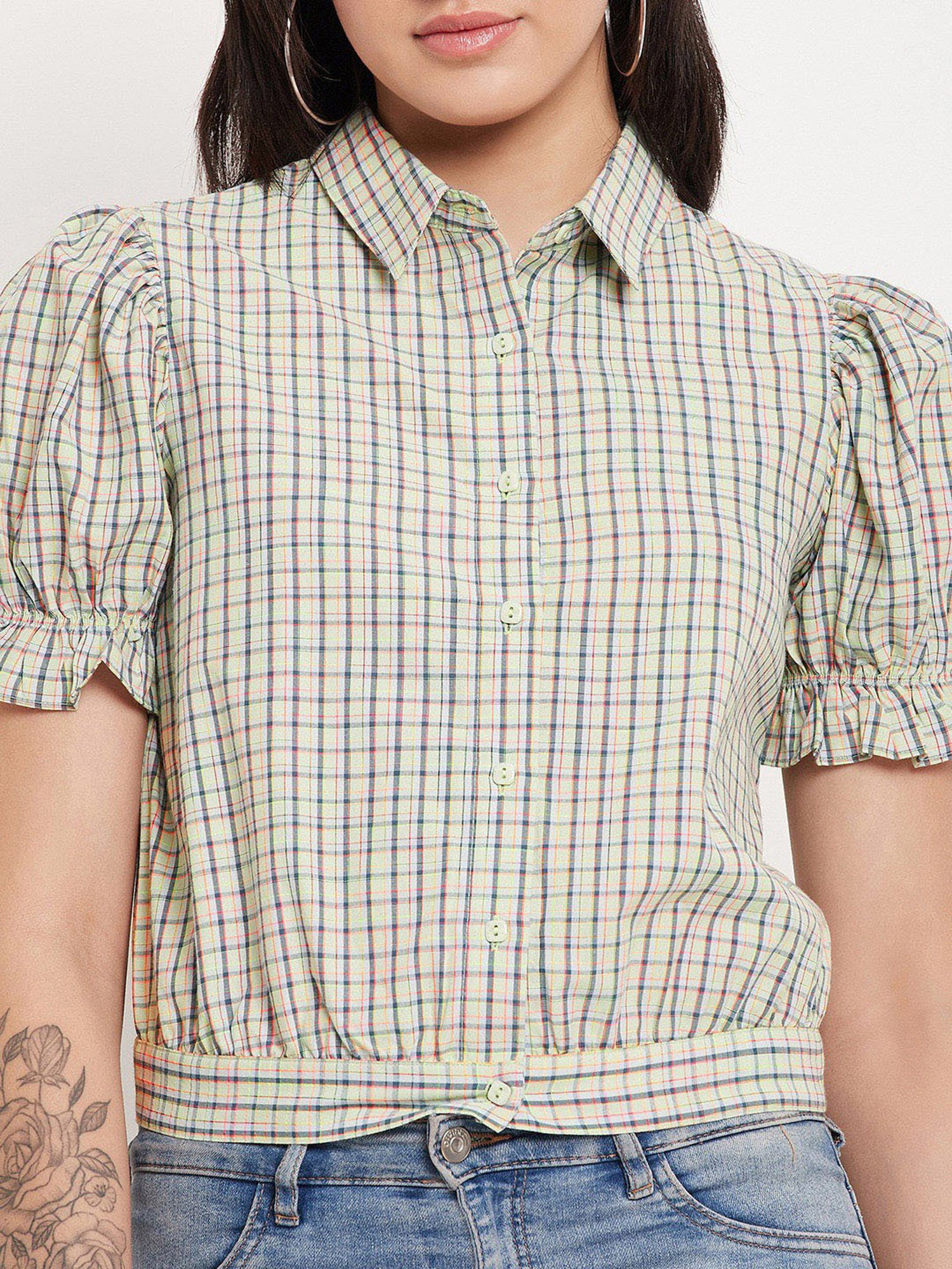 Camla Green Checks Crop Shirt