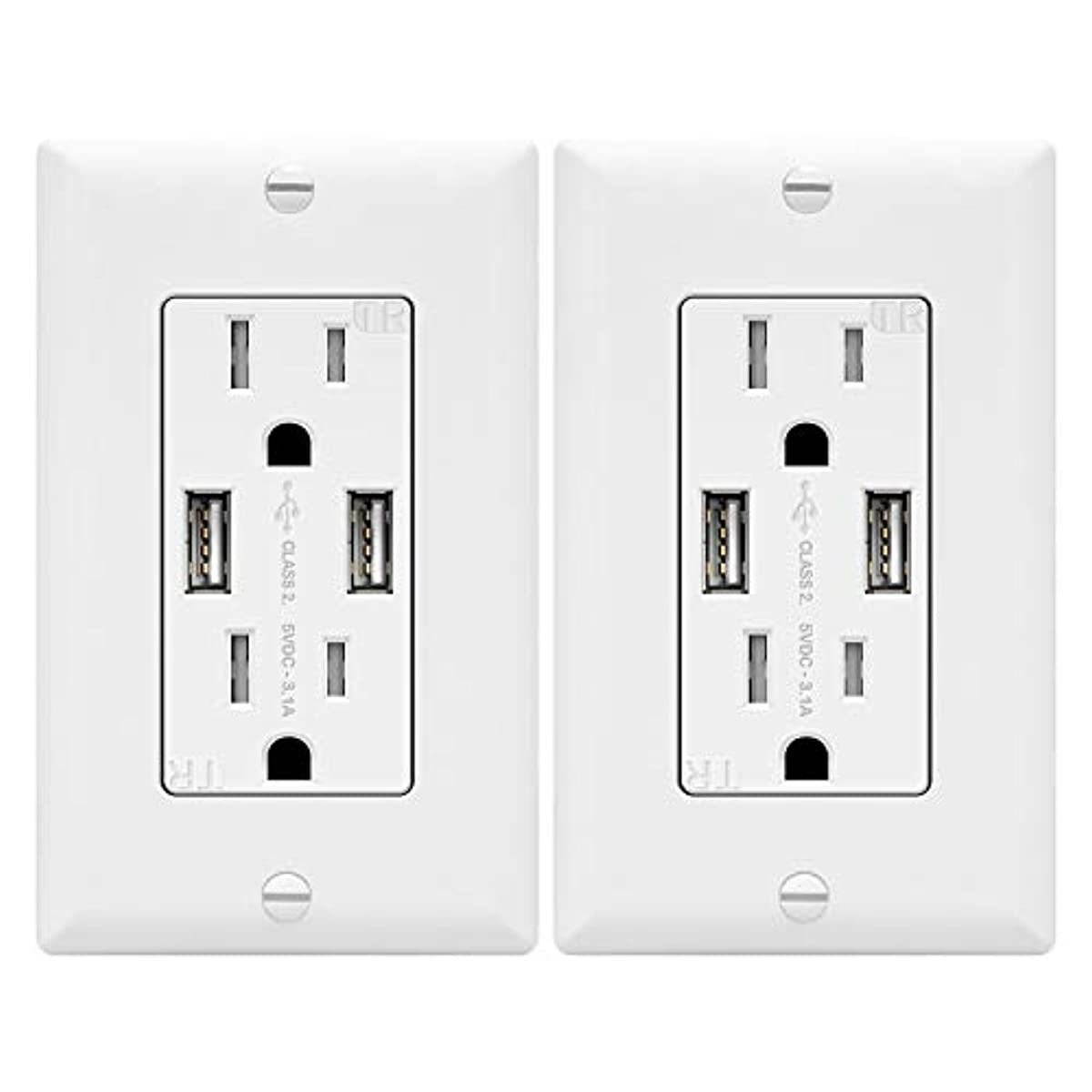 TOPGREENER 3.1A USB Outlet, USB Wall Outlet, 15A TR Receptacle, for iPhone XS/MAX/XR/X/8/7/6s/Plus, iPad, LG, HTC and more, Compatible Samsung Galaxy S9/S8/S7/S6, Note9/8/7 and more, 2-Pack, White