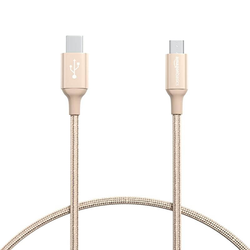Basics Double Braided Nylon USB TypeC to MicroB 20 Male Charger Cable | 1 foot Gold