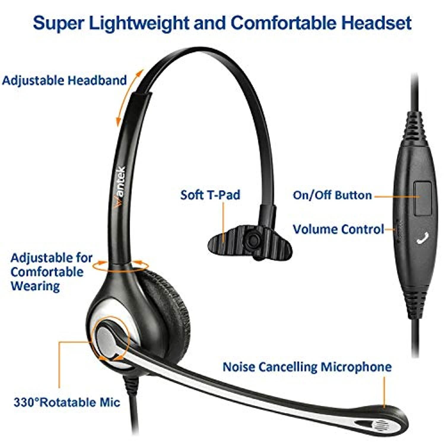Wantek Cell Phone Headset with Microphone, 3.5mm Computer Headphone for iPhone Samsung PC Tablet, Laptop Headset for Skype Webinar Business Call Center Office, Super Lightweight (V600M1)