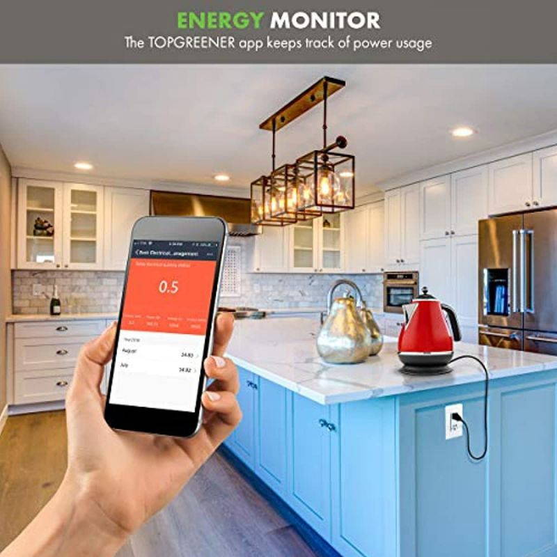 TOPGREENER Smart Wi-Fi Outlet with Energy Monitoring, Tamper-Resistant, Control Lighting and Appliances from Anywhere, in-Wall, No Hub Required, Compatible with Alexa and Google Assistant, 4 Pack