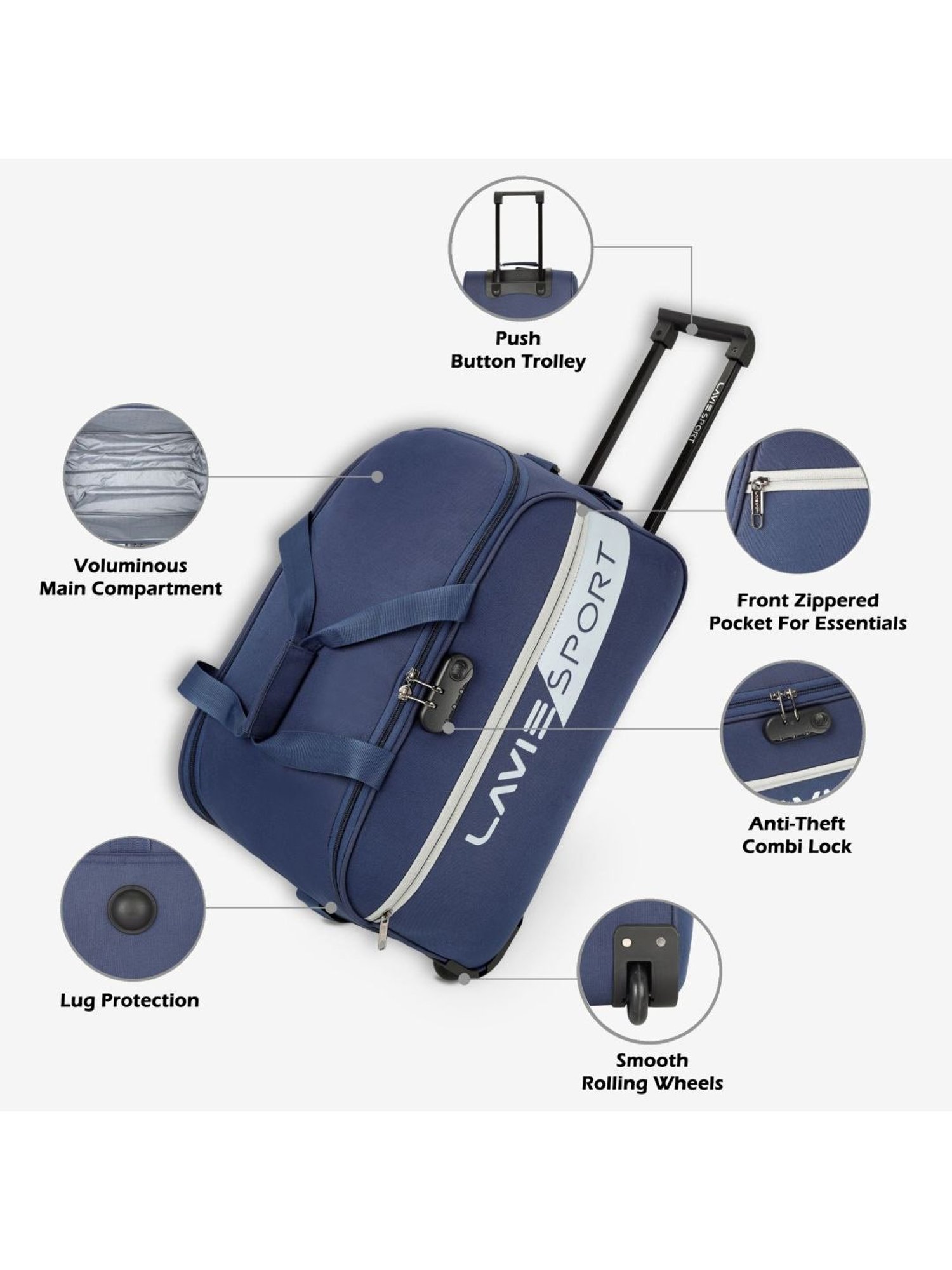 Lavie Sport 53 cms Camelot Wheel Duffle Bag With Combi Lock | Trolley Bag (Navy)