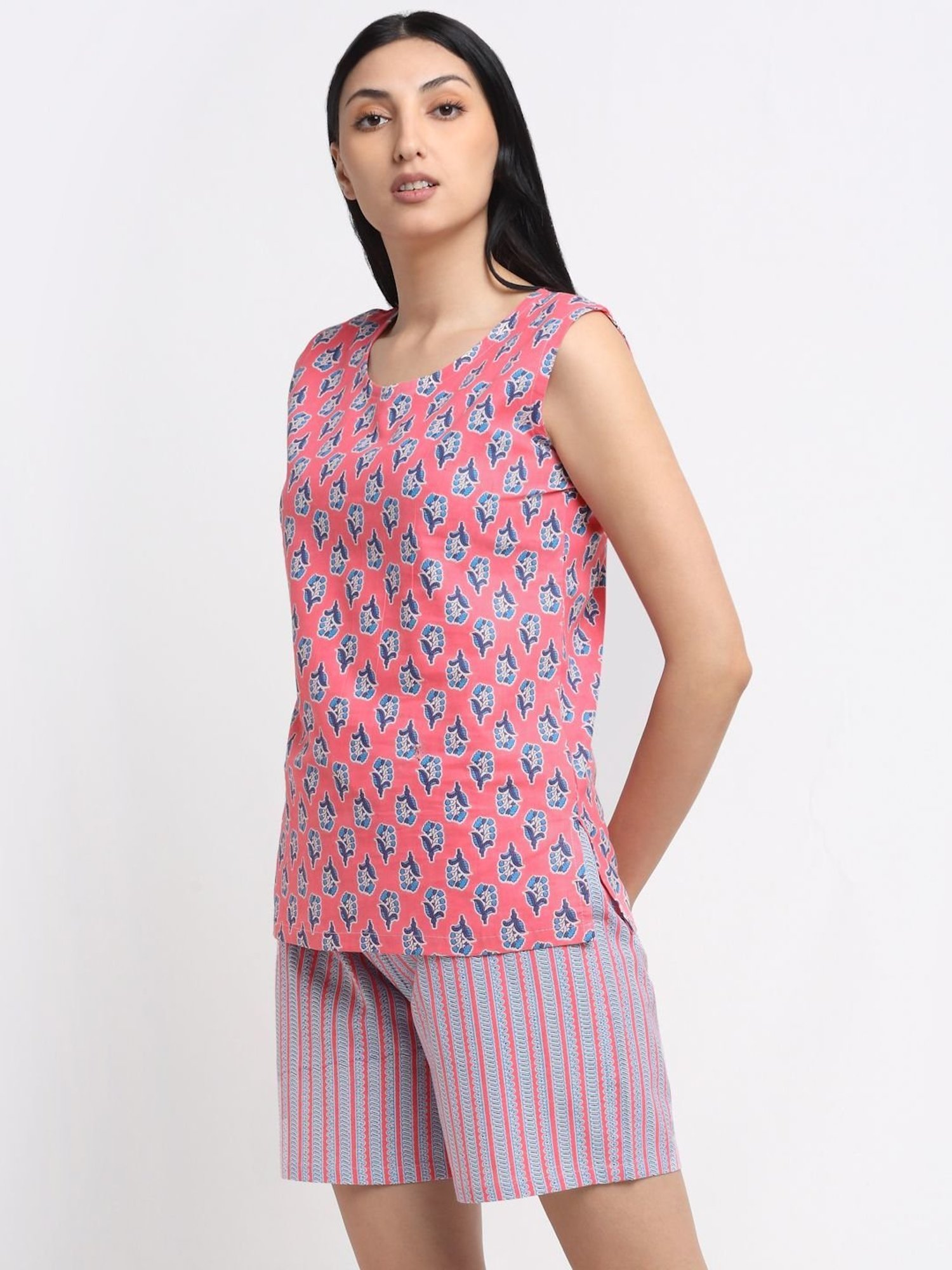 NEUDIS Pink Cotton Floral Print Top Shorts Set