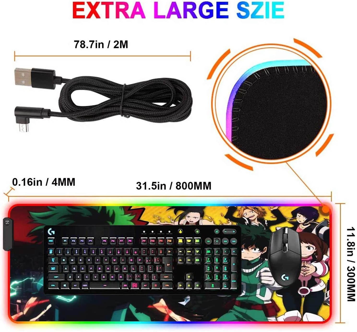 RGB Large Mouse Pad Anime My Hero Academia Deku and Heroes,Mousepad with 12 Lighting Modes & Non-Slip Rubber Base-Laptop Glowing Desk Pads-Computer Keyboard and Mice Combo Pad Mat 31.5X11.8