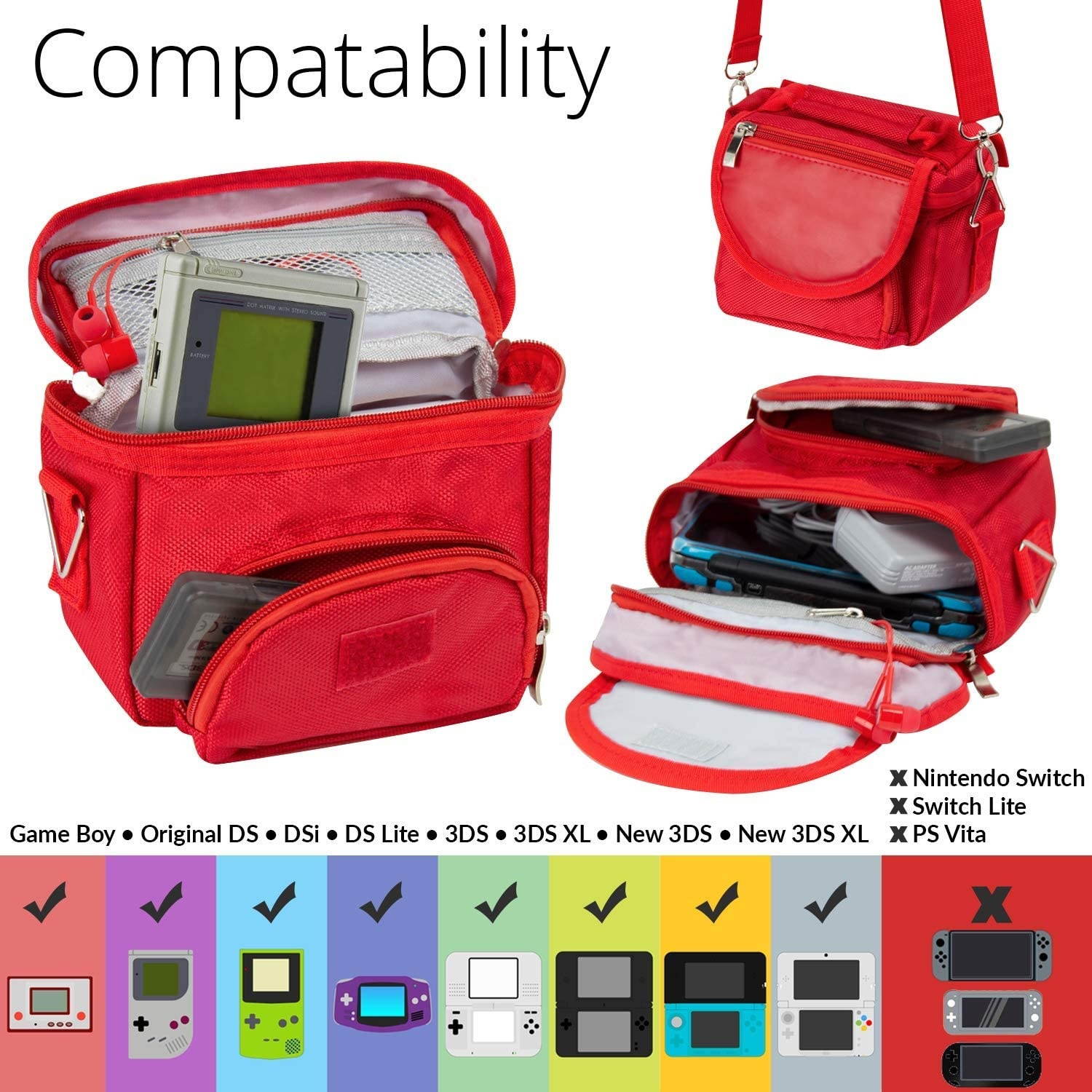 G-HUB Game & Console Travel Bag for Nintendo DS (Fits all Foldable Screen Versions including: Original DS / DSi / DS Lite / 3DS / 3DS XL / New 3DS / New 3DS XL) Red